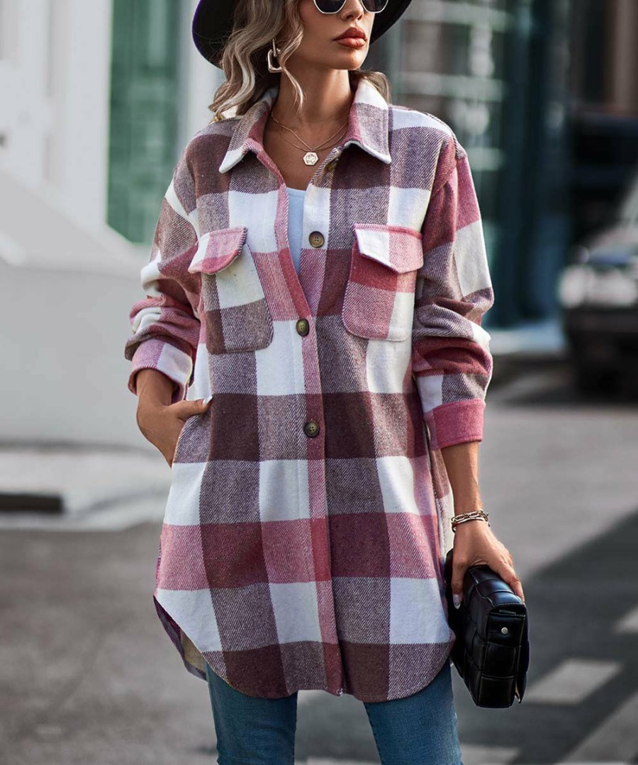 * Clothing | Flash Sale Camisa Pink & White Plaid Button-Up Shacket Women