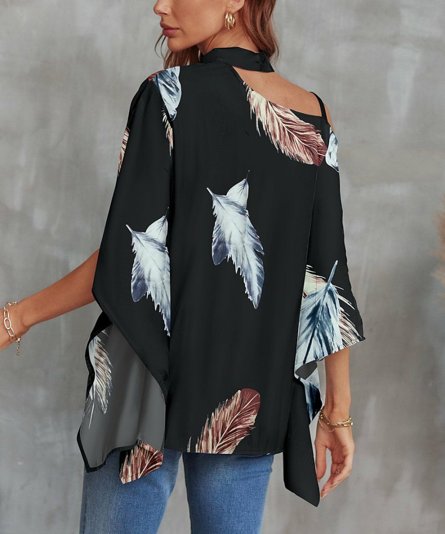 * Clothing | Wholesale Camisa Navy Feather Shoulder-Cutout Cape-Sleeve Top Women