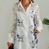 * Clothing | Budget Camisa White & Blue Floral Lace-Sleeve Button-Up Women