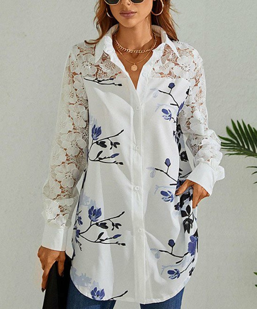 * Clothing | Budget Camisa White & Blue Floral Lace-Sleeve Button-Up Women