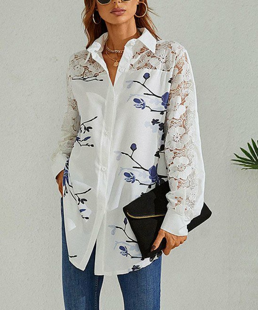 * Clothing | Budget Camisa White & Blue Floral Lace-Sleeve Button-Up Women