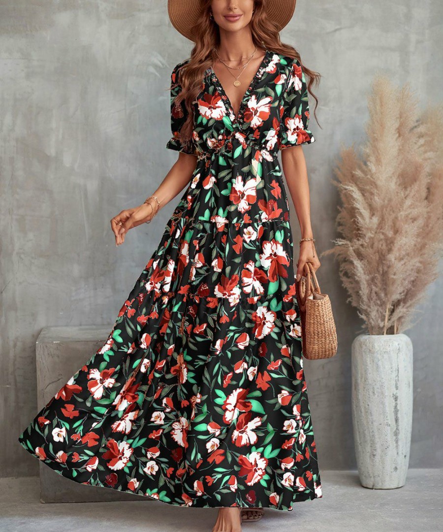 * Clothing | Hot Sale Camisa Black Floral Ruffle V-Neck Short-Sleeve Maxi Dress Women