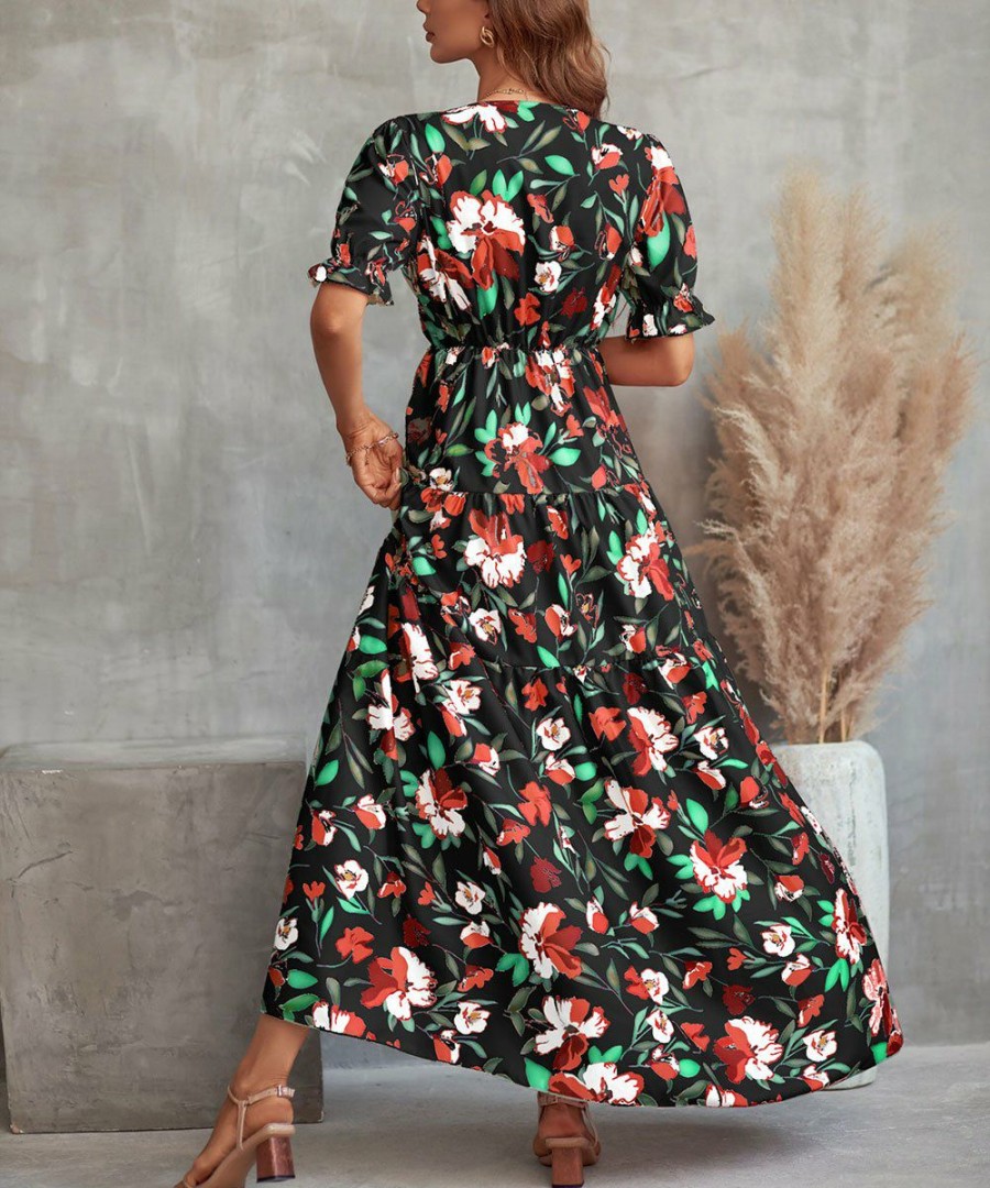 * Clothing | Hot Sale Camisa Black Floral Ruffle V-Neck Short-Sleeve Maxi Dress Women