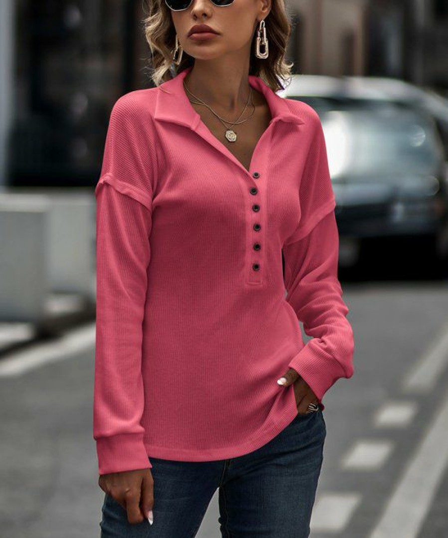 * Clothing | Hot Sale Camisa Pink Button-Front Collared Top Women