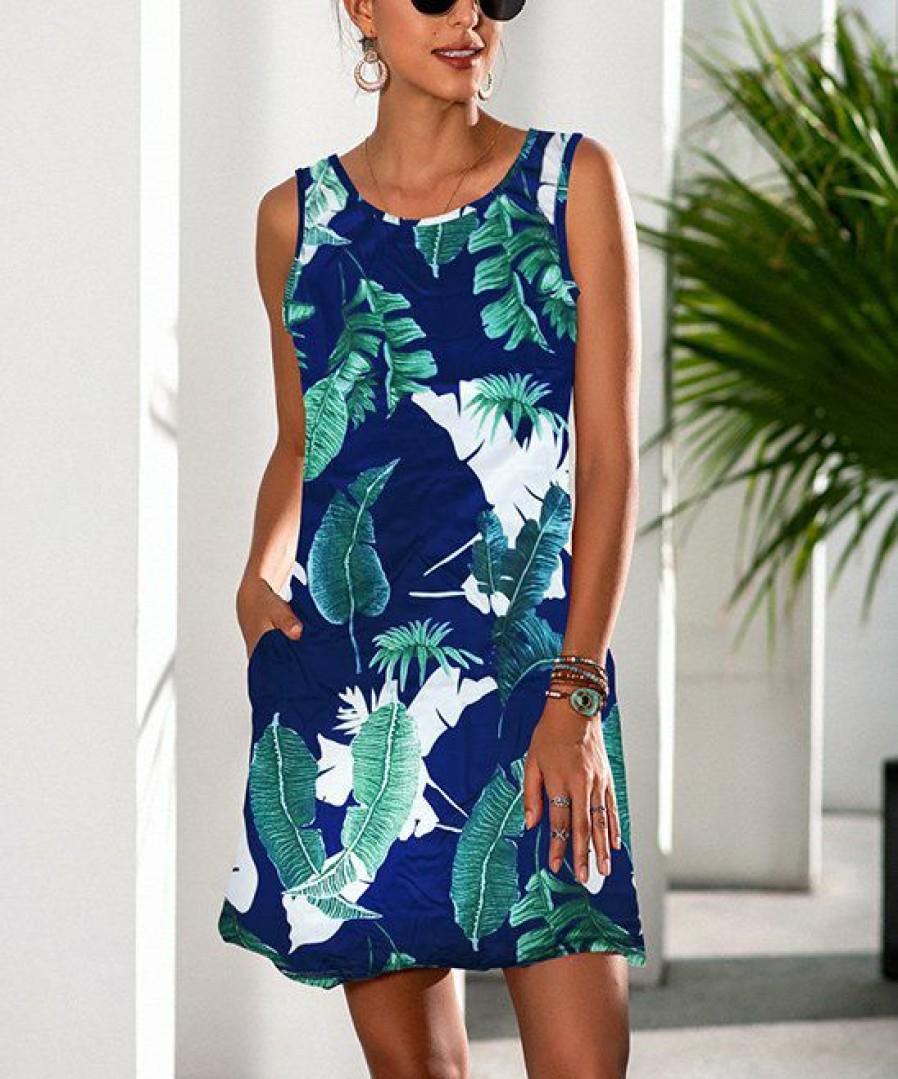 * Clothing | Outlet Camisa Navy & Green Tropical Pocket Sleeveless Dress Women