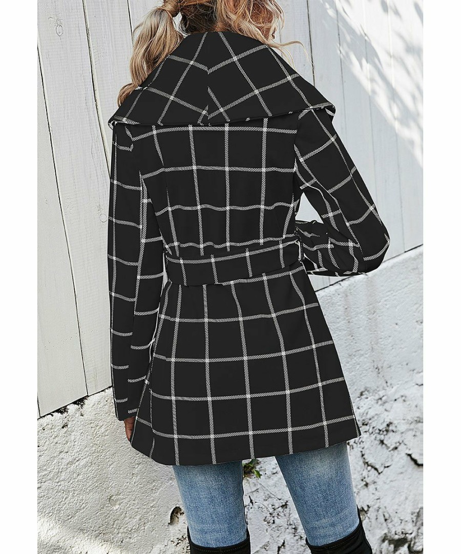 * Clothing | Deals Camisa Black Windowpane Wide-Lapel Tie-Waist Sidetail Coat Women