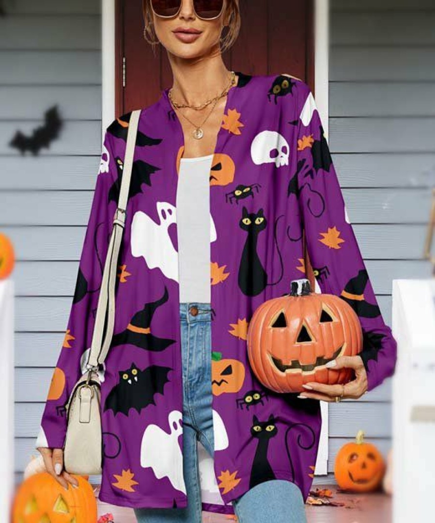 * Clothing | Budget Camisa Purple Ghost & Witch Hat Open Cardigan Women