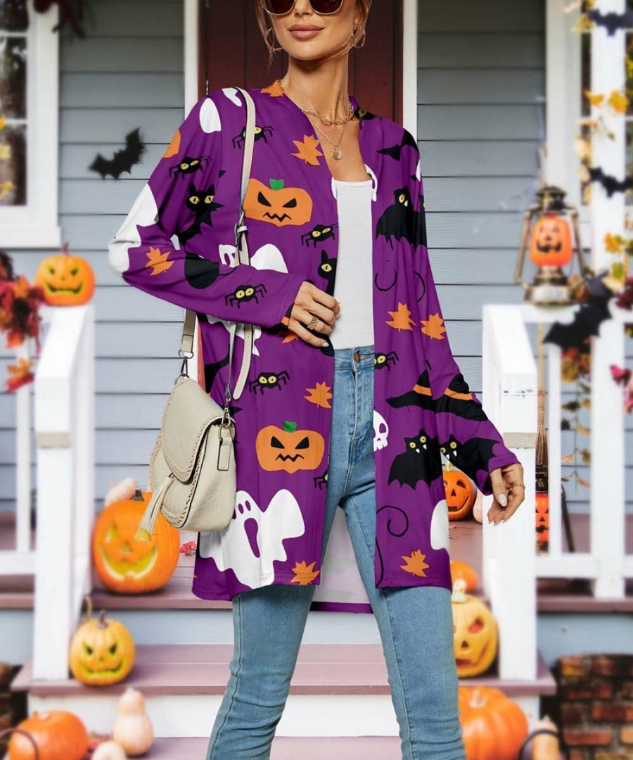 * Clothing | Budget Camisa Purple Ghost & Witch Hat Open Cardigan Women