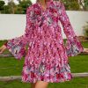 * Clothing | Cheapest Camisa Pink & White Floral Tiered Notch Neck Poet-Sleeve A-Line Dress Women