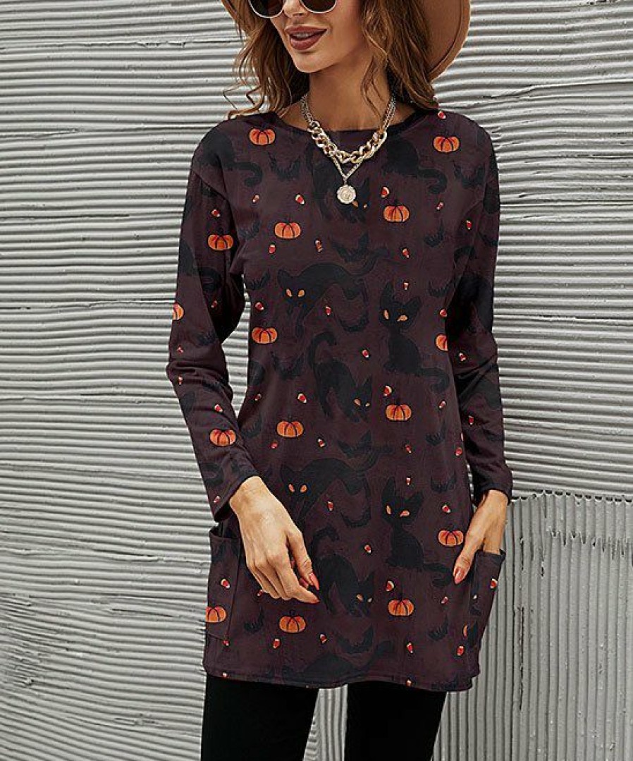 * Clothing | Best Pirce Camisa Brown & Orange Pumpkin Cat Tunic Women