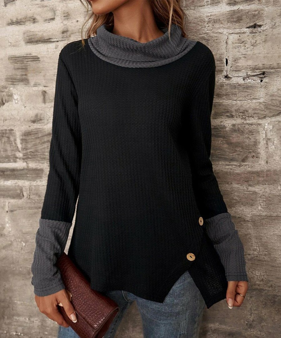 * Clothing | Outlet Camisa Black Button-Accent Long-Sleeve Cowl-Neck Top Women