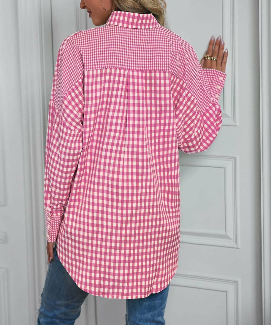 * Clothing | Wholesale Camisa Pink & White Plaid Button-Up Tunic Women