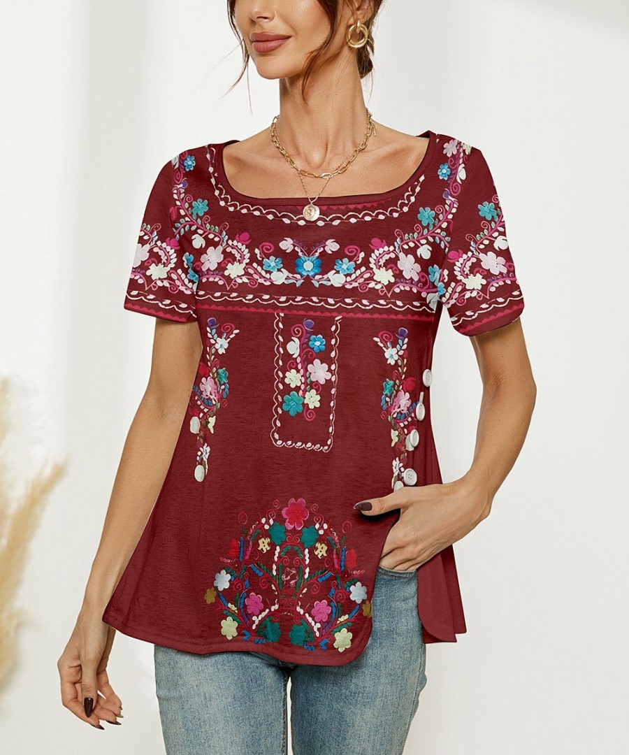 * Clothing | New Camisa Wine Floral Button Slit-Side Boatneck Top Women