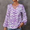 * Clothing | Discount Camisa Purple & White Zebra Crisscross Bishop-Sleeve V-Neck Top Women