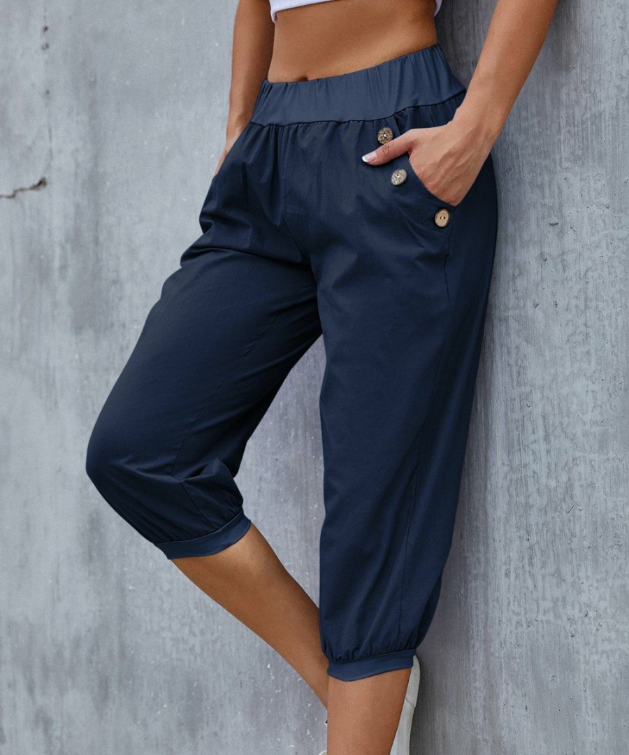 * Clothing | Best Deal Camisa Navy Button-Accent Elastic-Waist Capris Women