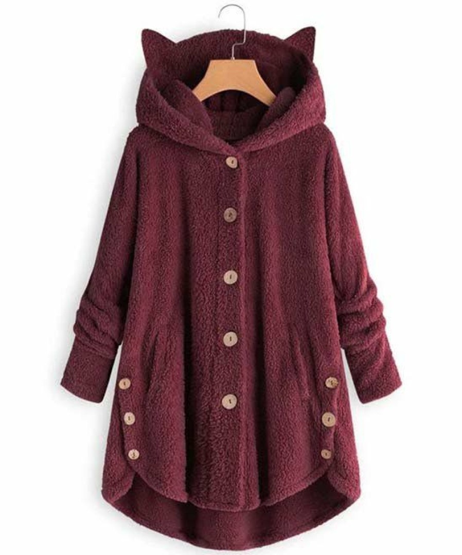 * Clothing | Budget Camisa Wine Cat-Ear Hooded Teddy Jacket Women