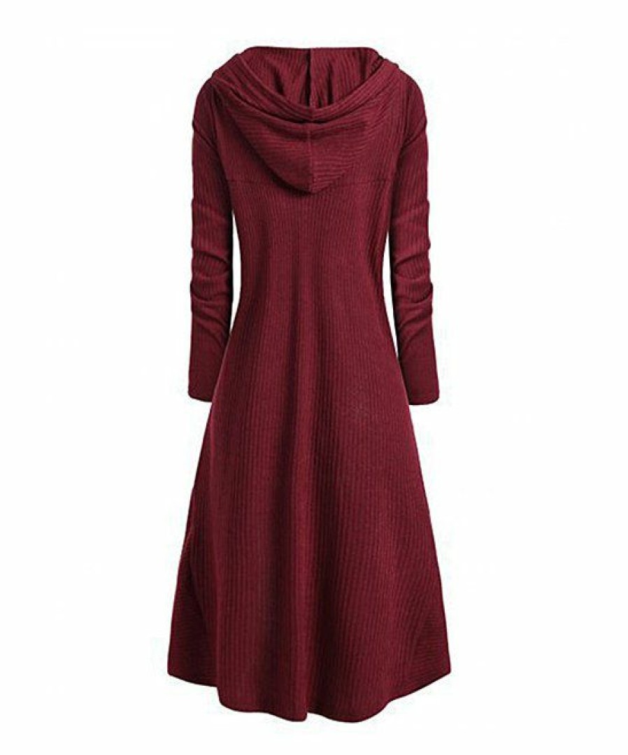 * Clothing | Hot Sale Camisa Wine Knit Hood Hi-Low Dress Women