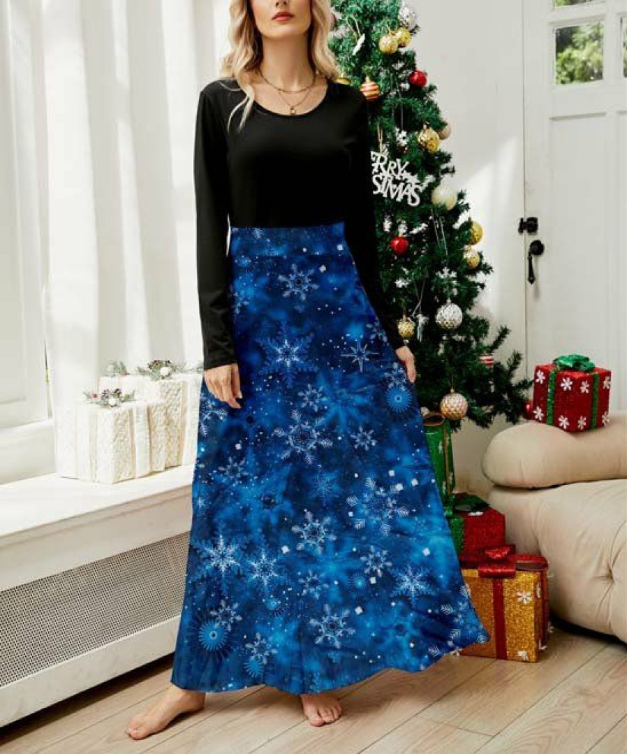 * Clothing | Flash Sale Camisa Blue & Black Snowflake Long-Sleeve Maxi Dress Women