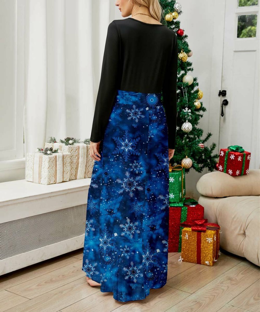 * Clothing | Flash Sale Camisa Blue & Black Snowflake Long-Sleeve Maxi Dress Women