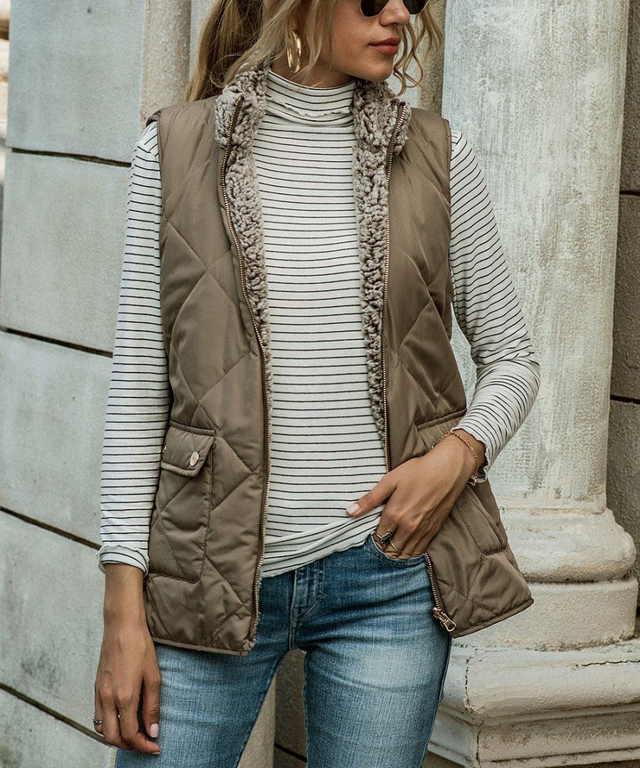 * Clothing | Wholesale Camisa Khaki & Gray Reversible Quilted Vest Women