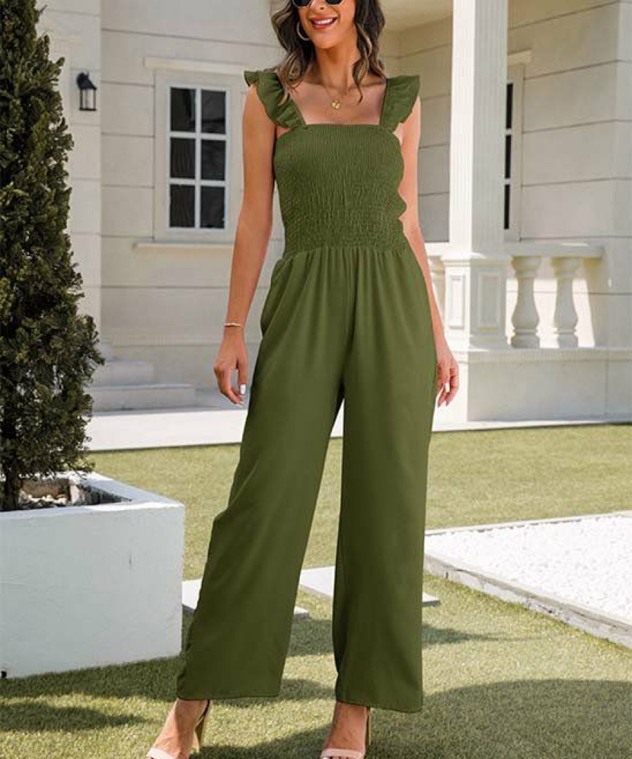 * Clothing | New Camisa Army Green Smocked Flutter-Sleeve Jumpsuit Women