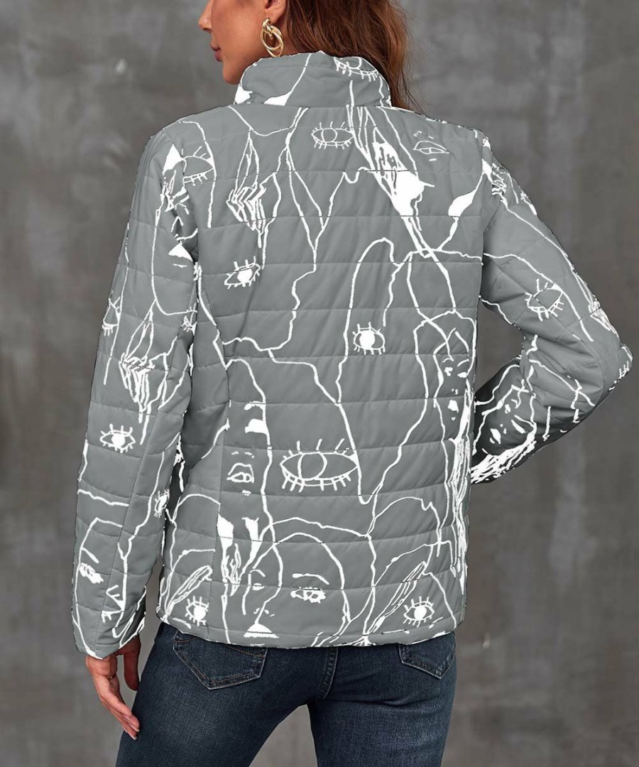 * Clothing | Outlet Camisa Gray & White Abstract Face Full-Zip Mock Neck Coat Women