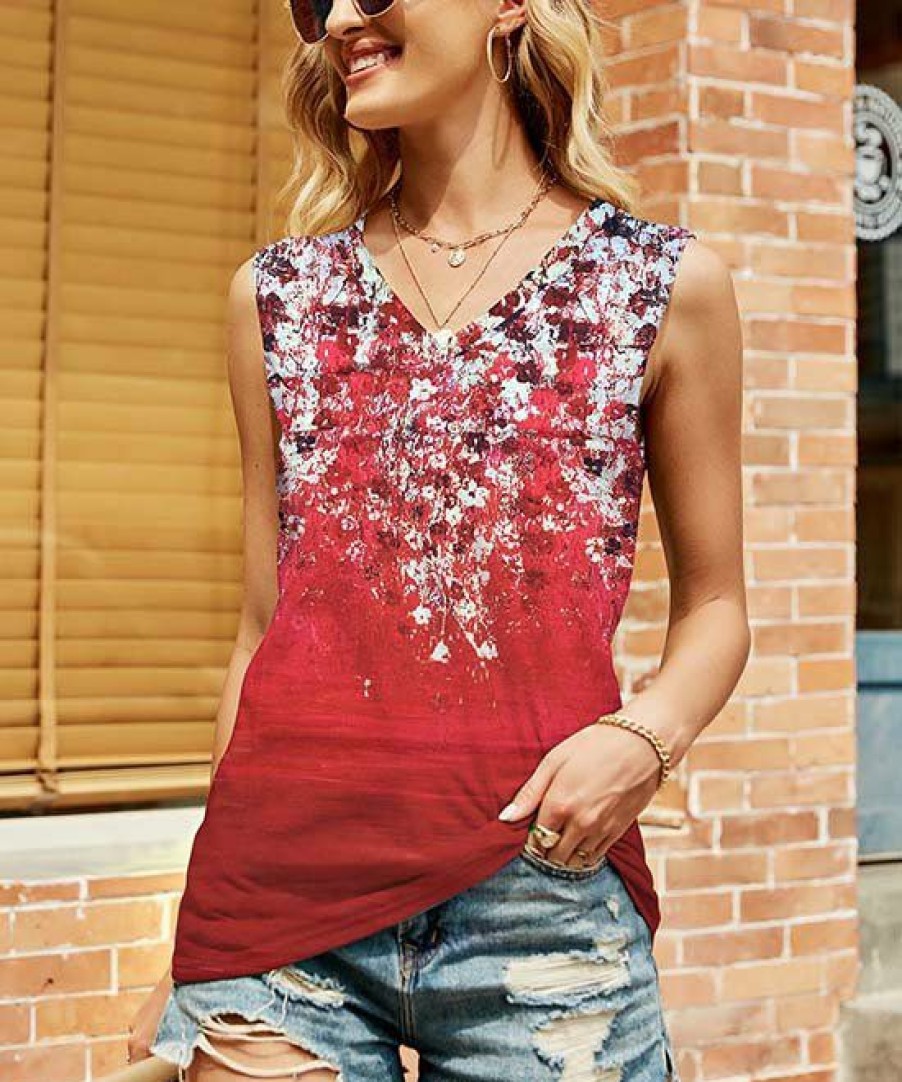 * Clothing | Deals Camisa Red Floral Ombre V-Neck Tank Women