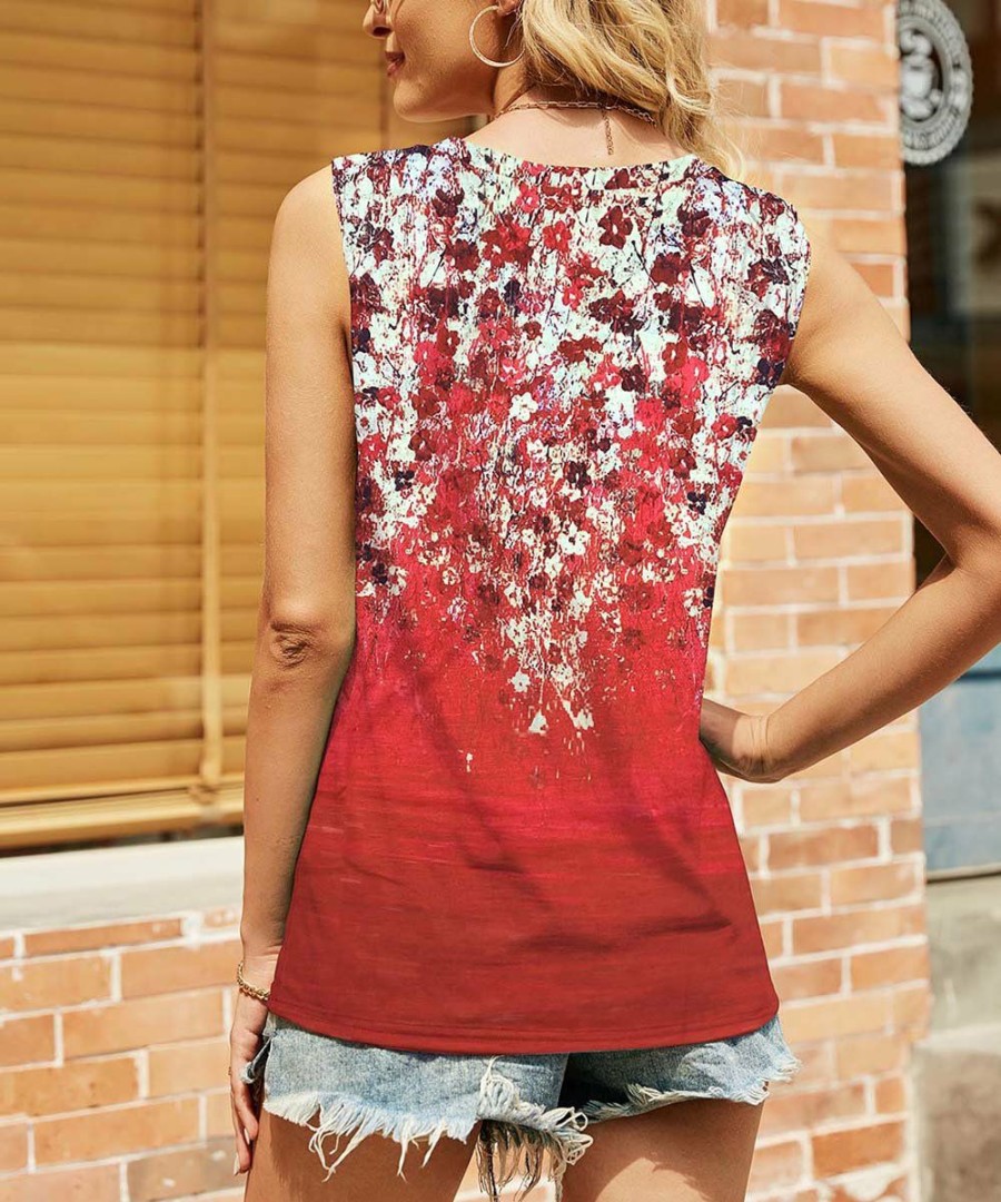 * Clothing | Deals Camisa Red Floral Ombre V-Neck Tank Women