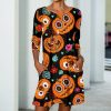 * Clothing | Best Pirce Camisa Black & Orange Calavera Pumpkins Half-Sleeve Pocket Shift Dress Women