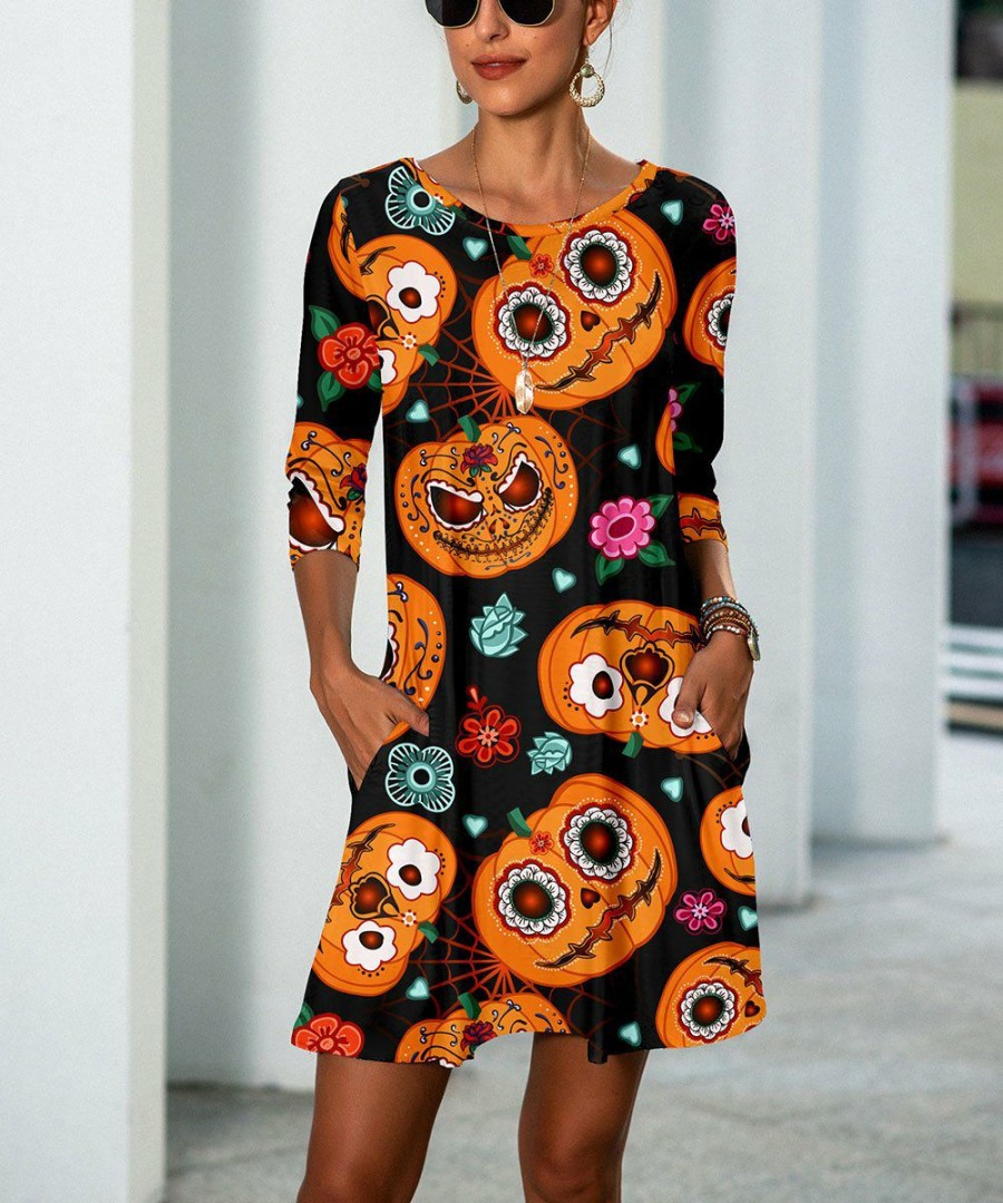 * Clothing | Best Pirce Camisa Black & Orange Calavera Pumpkins Half-Sleeve Pocket Shift Dress Women