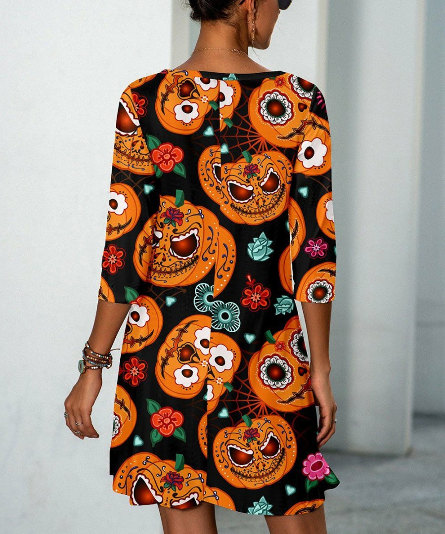 * Clothing | Best Pirce Camisa Black & Orange Calavera Pumpkins Half-Sleeve Pocket Shift Dress Women