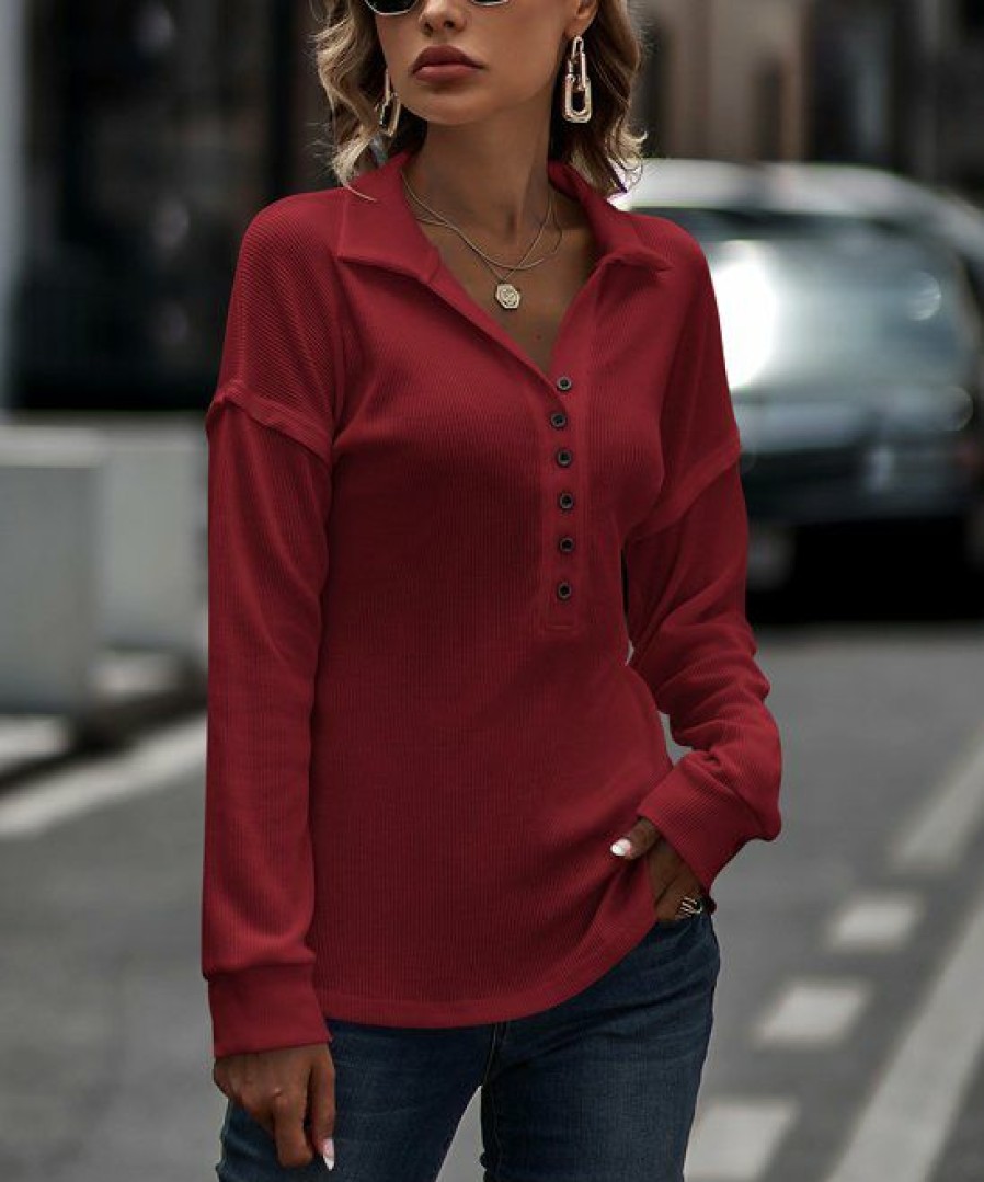 * Clothing | Best Sale Camisa Wine Button-Front Collared Top Women