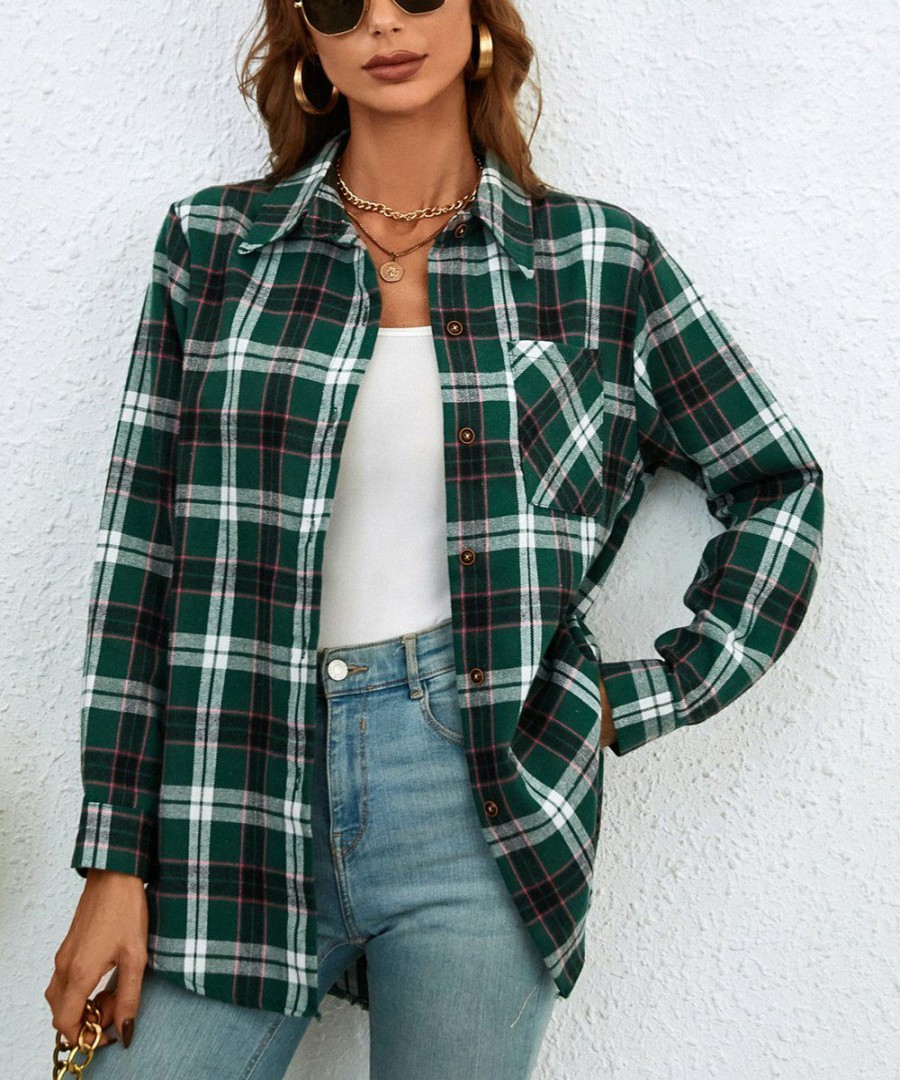 * Clothing | Budget Camisa Green & White Plaid Button-Up Women