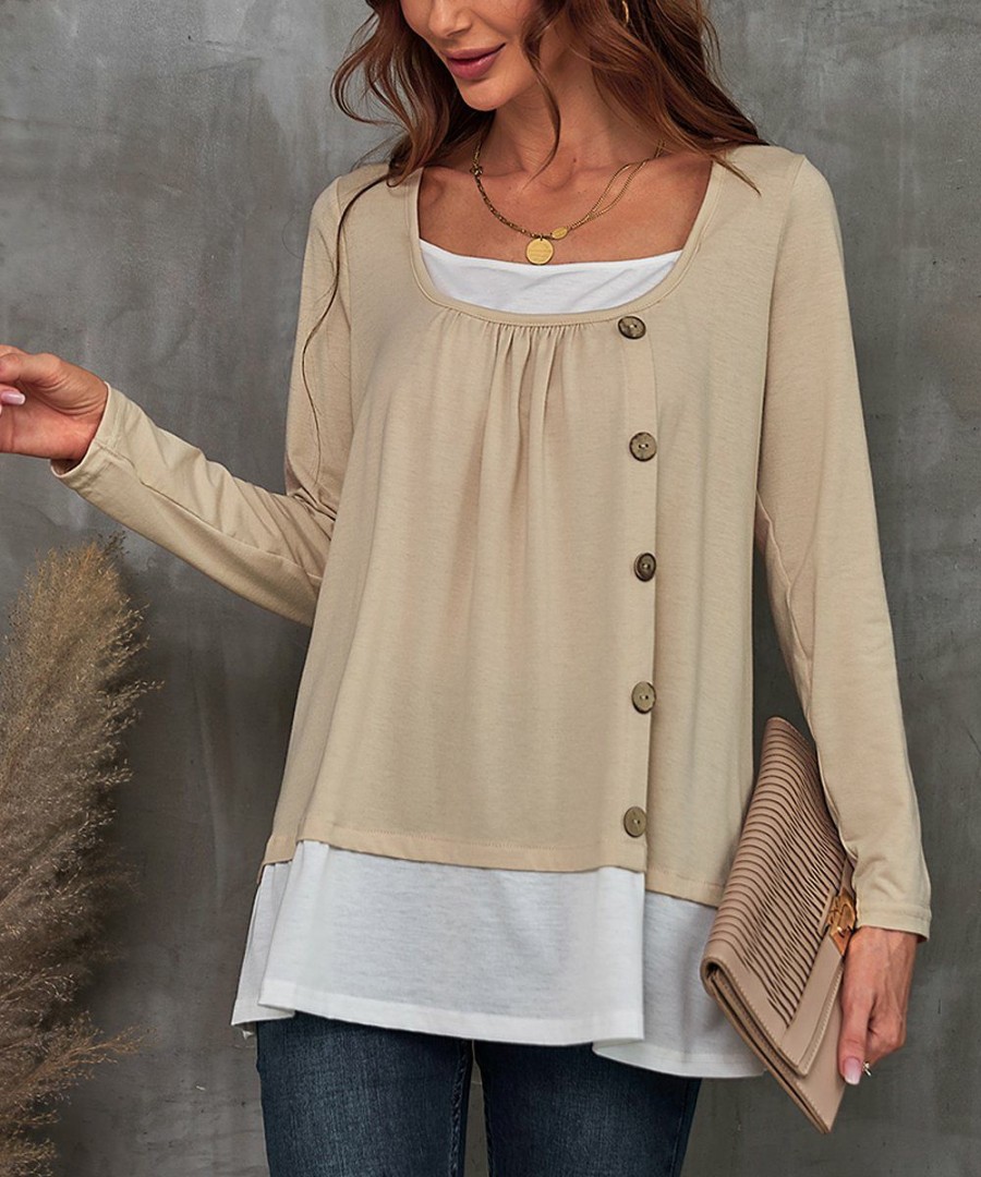 * Clothing | Top 10 Camisa Khaki & White Button-Accent Layered Top Women