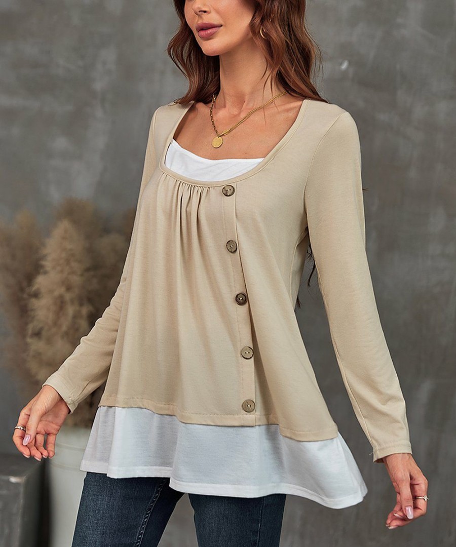 * Clothing | Top 10 Camisa Khaki & White Button-Accent Layered Top Women