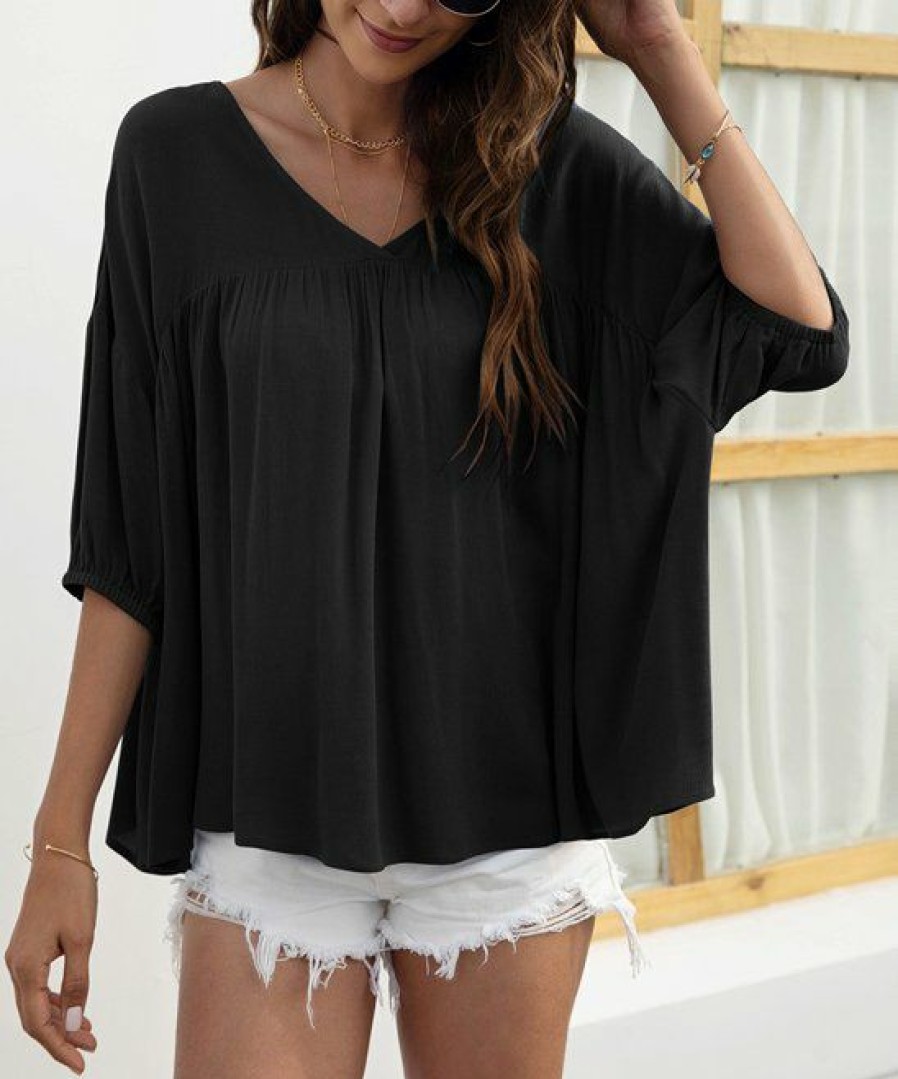 * Clothing | Cheap Camisa Black V-Neck Three-Quarter Sleeve Swing Top Women