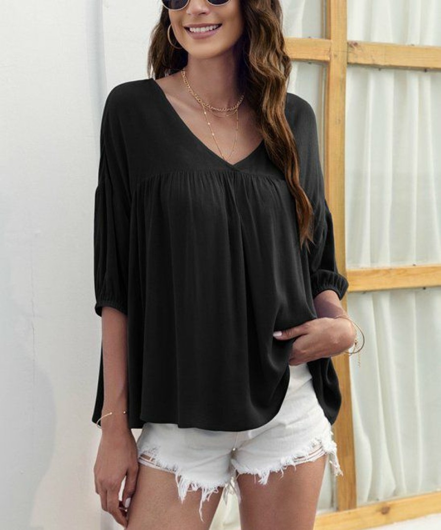 * Clothing | Cheap Camisa Black V-Neck Three-Quarter Sleeve Swing Top Women