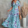 * Clothing | Deals Camisa Blue Floral Ruffle V-Neck Short-Sleeve Maxi Dress Women