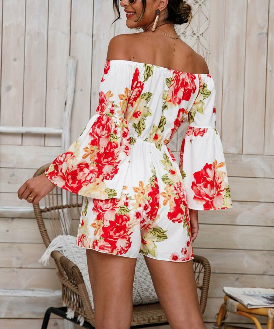 * Clothing | Budget Camisa Red Floral Off-Shoulder Romper Women