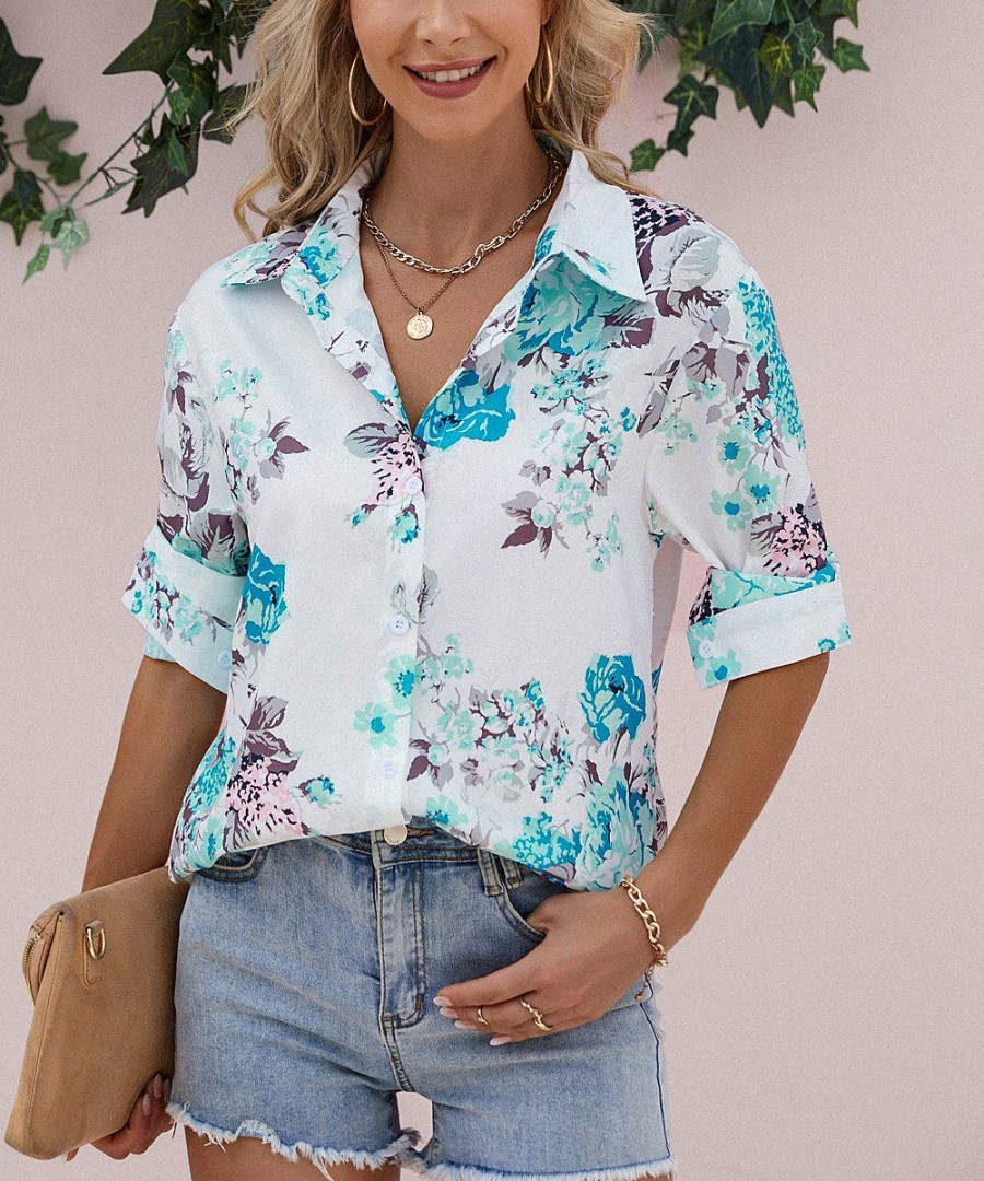 * Clothing | Flash Sale Camisa White Floral Button-Up Blouse Women