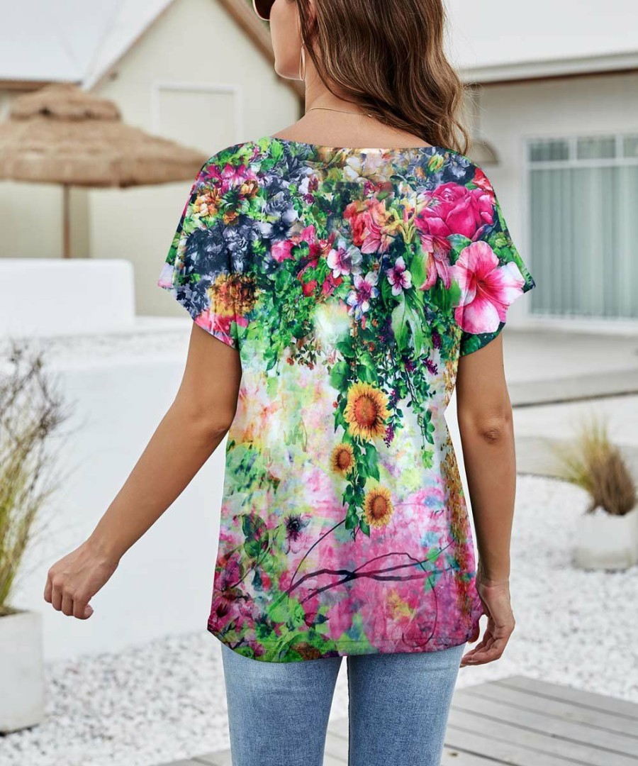 * Clothing | Best Deal Camisa Green & Pink Sunflower V-Neck Top Women