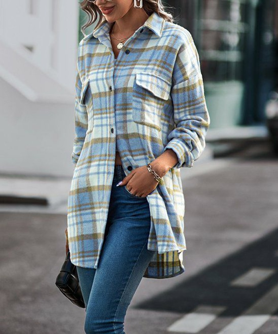 * Clothing | Best Sale Camisa Blue Plaid Pocket Longline Shacket Women