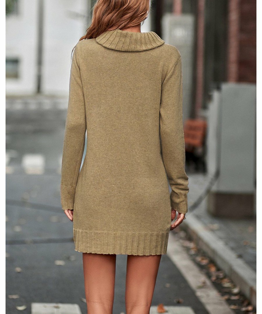 * Clothing | Best Pirce Camisa Khaki Cowl Neck Pocket Sweater Dress Women