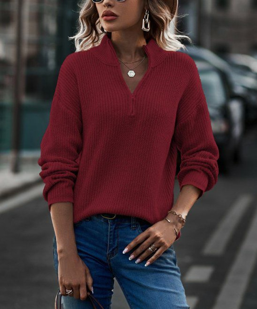 * Clothing | Cheap Camisa Wine Ribbed Quarter-Zip Sweater Women