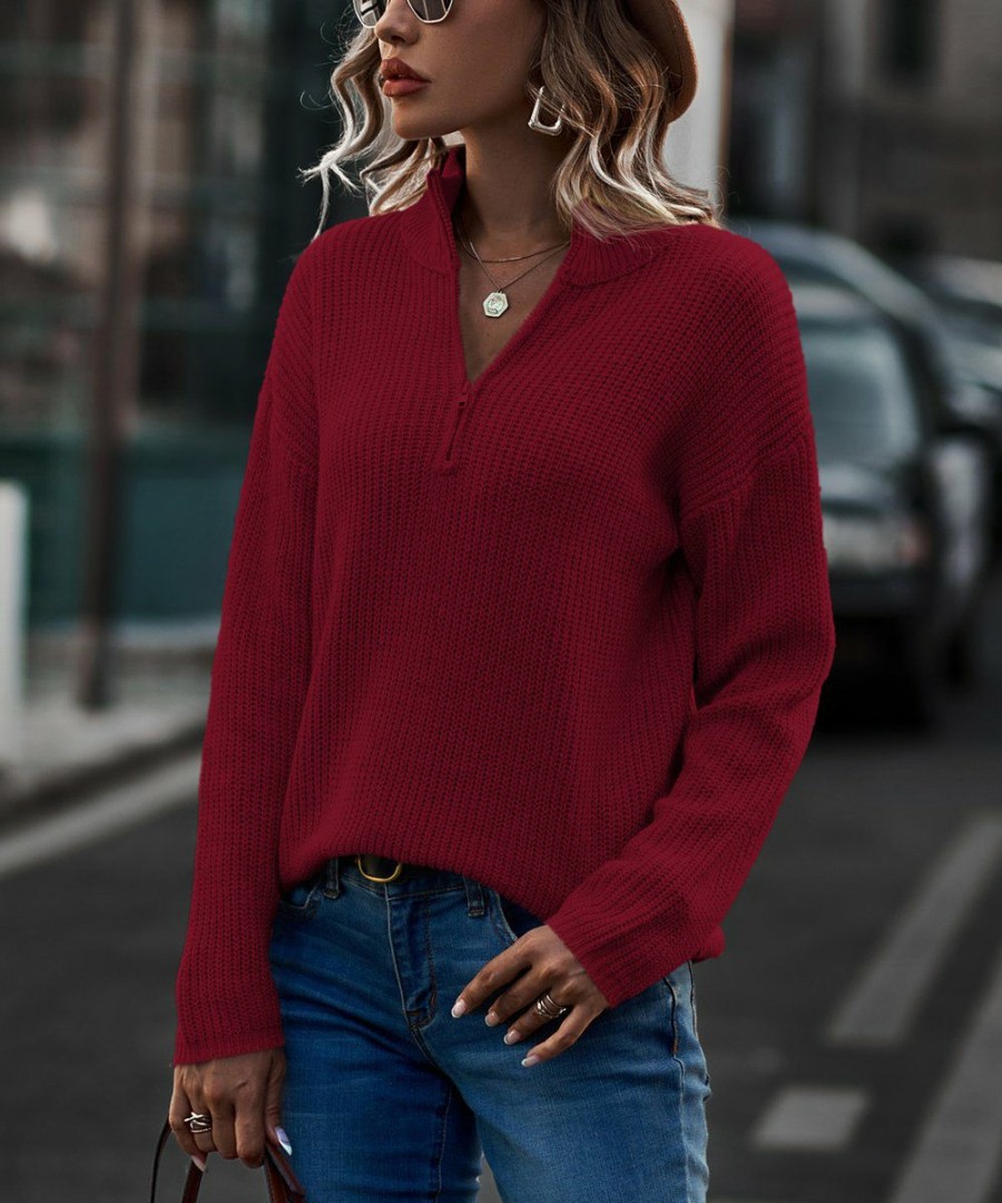 * Clothing | Cheap Camisa Wine Ribbed Quarter-Zip Sweater Women