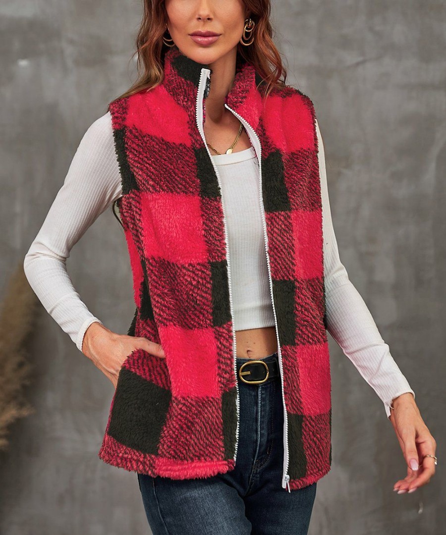 * Clothing | Best Deal Camisa Red Plaid Zip Vest Women