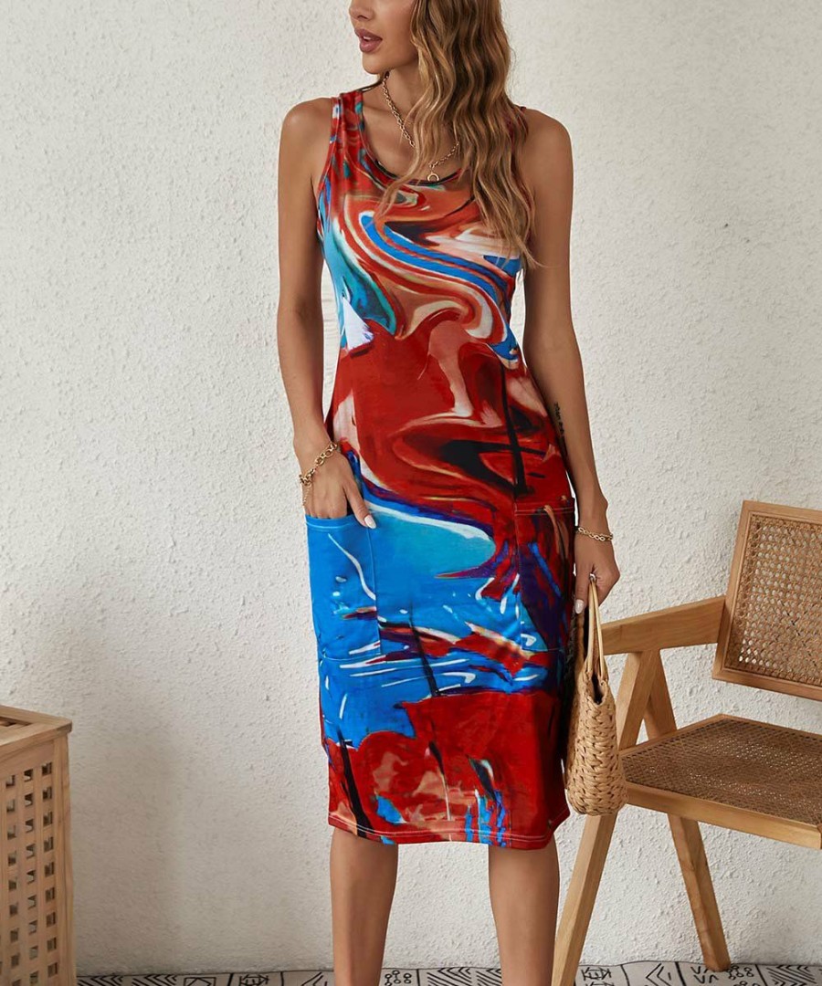 * Clothing | Wholesale Camisa Red & Blue Abstract Bodycon Sleeveless Dress Women