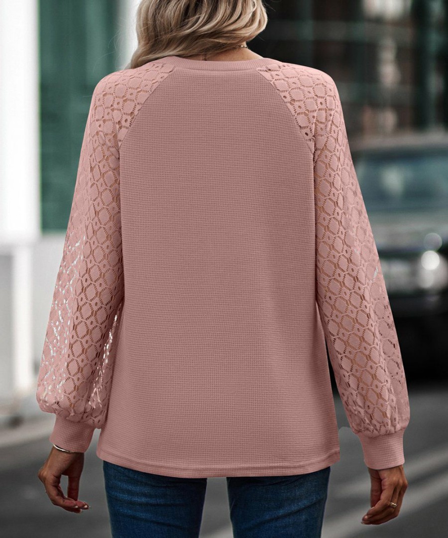 * Clothing | Coupon Camisa Pink Lace-Sleeve V-Neck Raglan Top Women