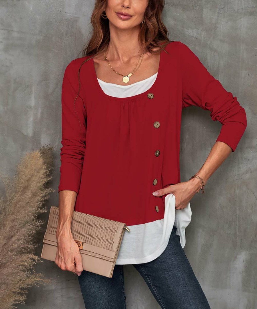 * Clothing | Best Pirce Camisa Red & White Color Block Button-Accent Layered Top Women