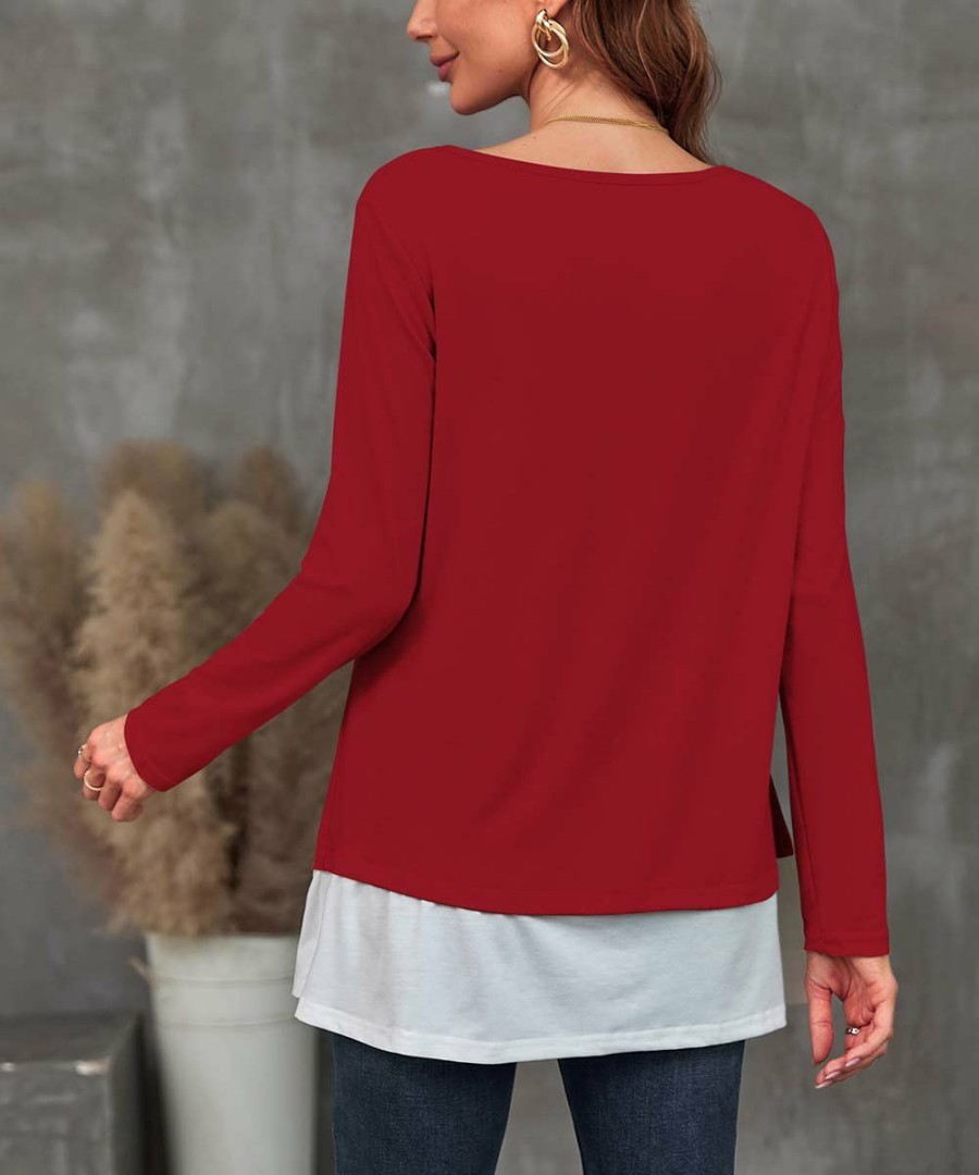 * Clothing | Best Pirce Camisa Red & White Color Block Button-Accent Layered Top Women